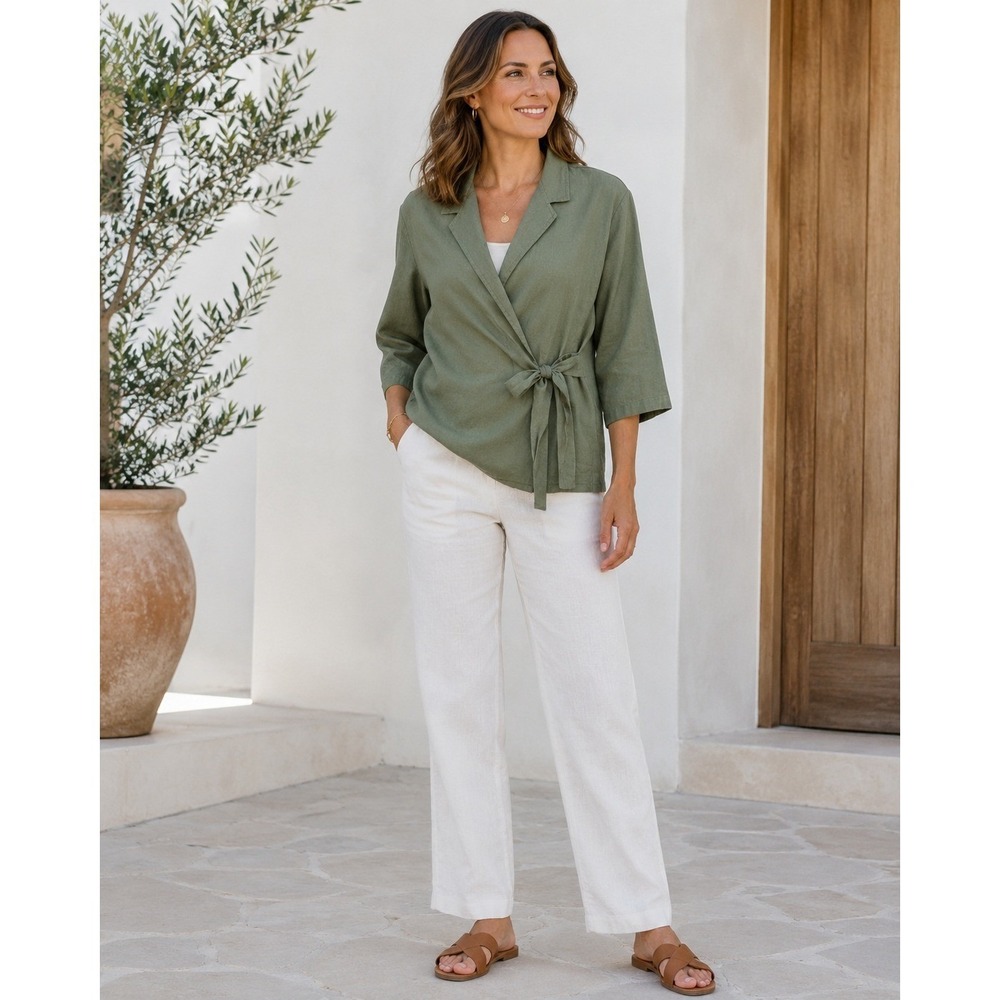 NWT Lara G Linen Blend Wrap Shirt Jacket M Olive Green‎ Tie Side 3/4 Sleeve